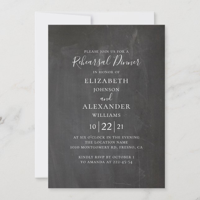 Chalkboard rehearsal dinner. Modern grey trendy Invitation (Front)
