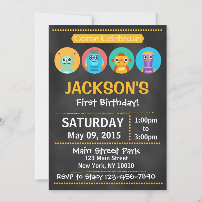 Chalkboard Robot Birthday Party Invitation (Front)