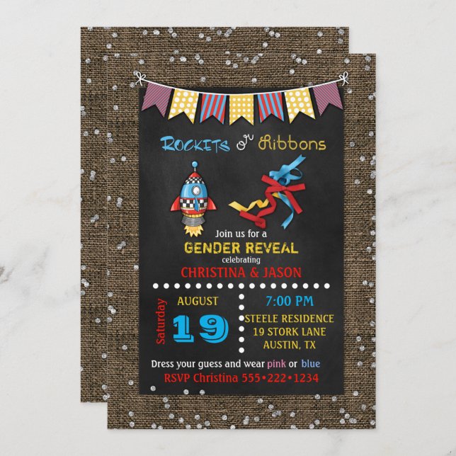 Chalkboard Rockets or Ribbons Gender Reveal Invitation (Front/Back)