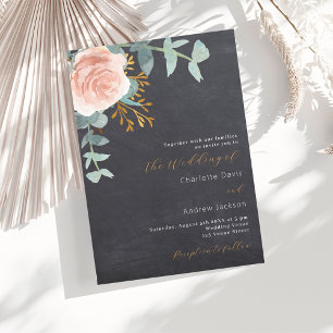 Chalkboard rose gold floral greenery grey wedding invitation