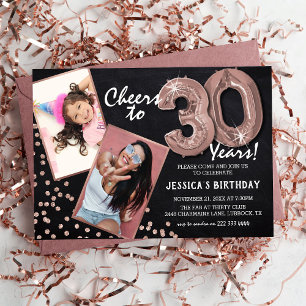 Chalkboard RoseGold Balloons 2 Photo 30th Birthday Invitation