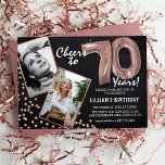 Chalkboard RoseGold Balloons 2 Photo 70th Birthday Invitation<br><div class="desc">Celebrate the milestone of stepping into the fantastic 70s with these unique 'Chalkboard Rose Gold Balloons 70th Birthday Invitations'. Enriched with a rustic chalkboard background and shimmering faux rose gold glitter flecks, these invites exude vintage charm and modern elegance. Upload a then-and-now photo of the birthday star and customise the...</div>