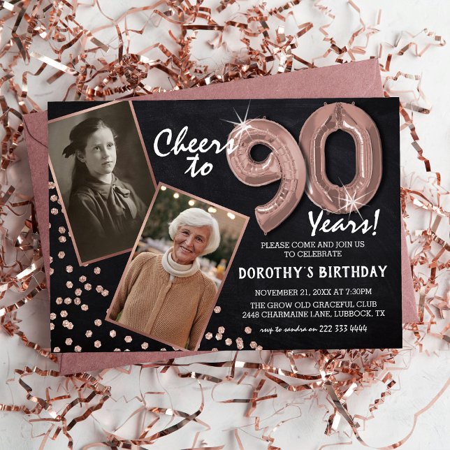 Chalkboard RoseGold Balloons 2 Photo 90th Birthday Invitation (Creator Uploaded)