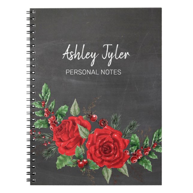 chalkboard roses holly berries girly personalised notebook (Front)