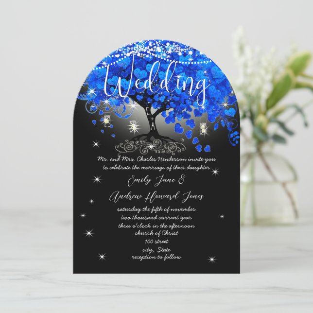 Chalkboard Royal Blue Heart Leaf Tree  Invitation (Standing Front)