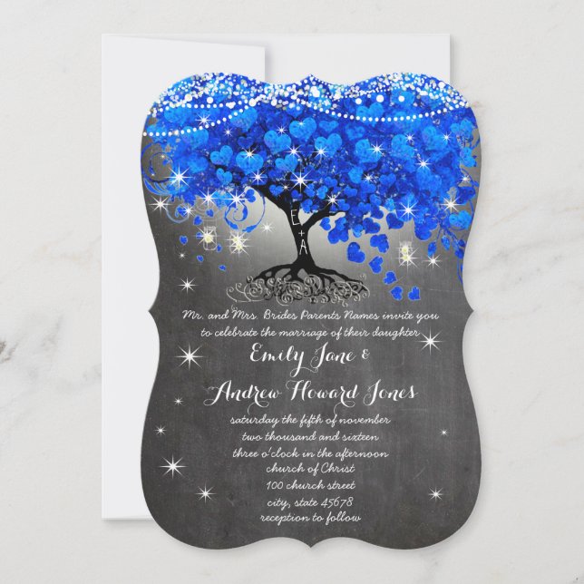 Chalkboard Royal Blue Heart Leaf Tree Mason Jar Invitation (Front)
