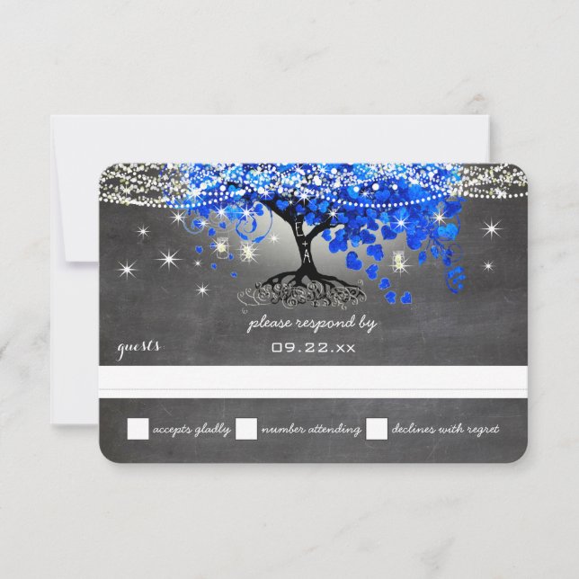 Chalkboard Royal Blue Heart Leaf Tree Mason Jar RSVP Card (Front)