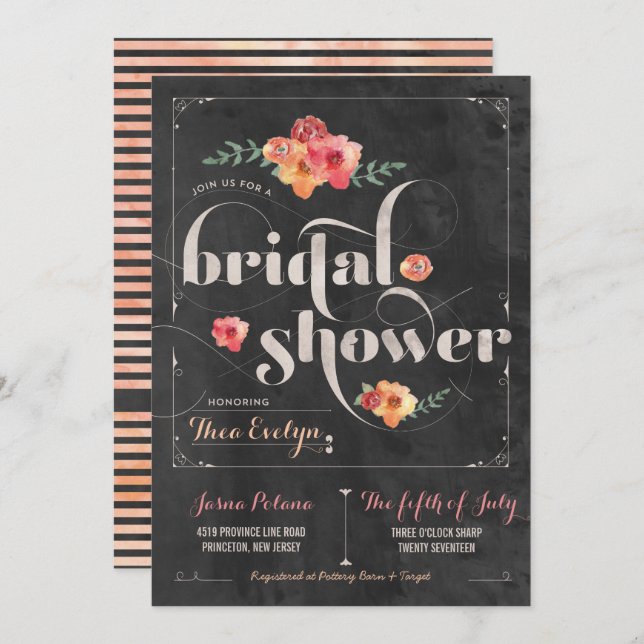 Chalkboard Rustic Floral Bridal Shower Invitation (Front/Back)