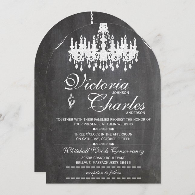 Chalkboard Rustic Vintage Typography Chandelier Invitation (Front/Back)