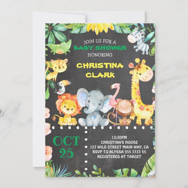 Chalkboard Safari Jungle Animals Baby Shower Invitation (Front)