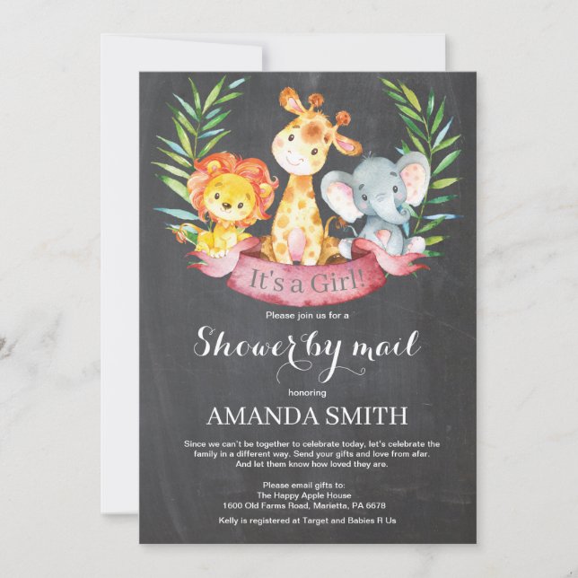 Chalkboard Safari Jungle Girl Baby Shower by Mail Invitation (Front)