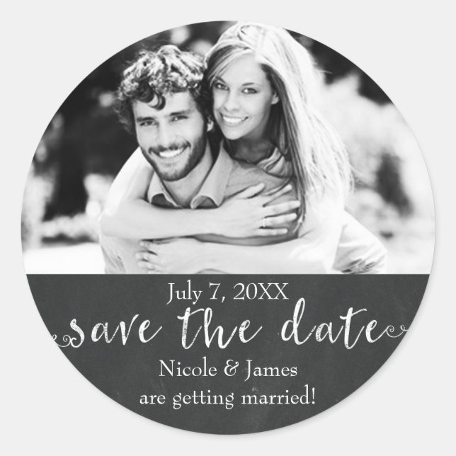 Chalkboard SAVE THE DATE Chalk Wedding Photo Classic Round Sticker (Front)