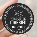 Chalkboard Save The Date Cute Monogram Classic Round Sticker<br><div class="desc">Cute custom monogram save the date invitation envelope stickers. Featuring a cute laurel wreath design encompassing wedding rings with your custom initials. Customise with your own initials and wedding date.</div>