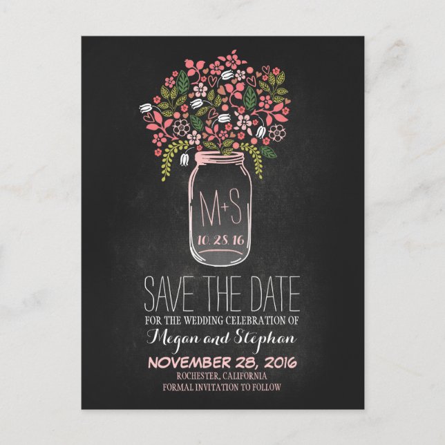 Chalkboard save the date - Floral Mason Jar Announcement Postcard (Front)