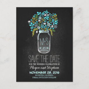 Chalkboard save the date - Floral Mason Jar Announcement Postcard