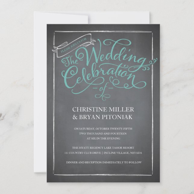 Chalkboard Script Blue Wedding Invitation (Front)