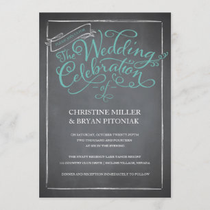 Chalkboard Script Blue Wedding Invitation