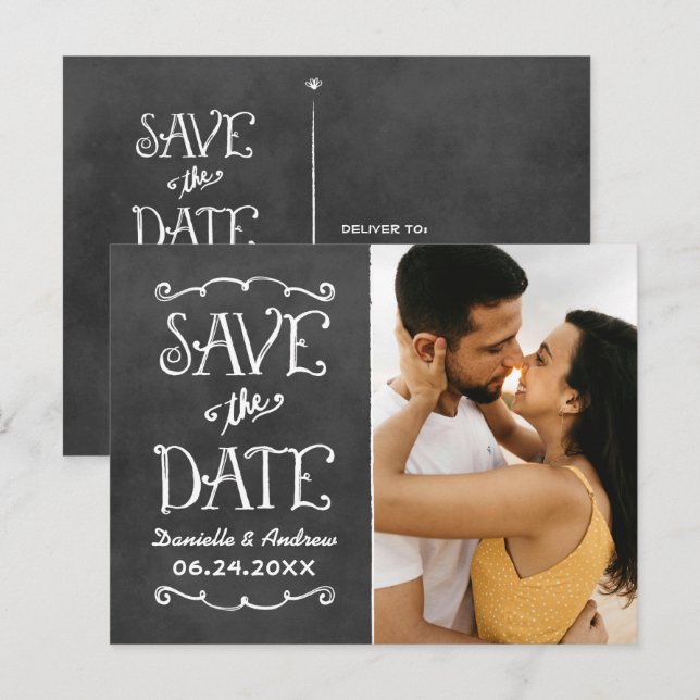 Chalkboard Script Photo Save the Date Announcement Postcard (Front/Back)