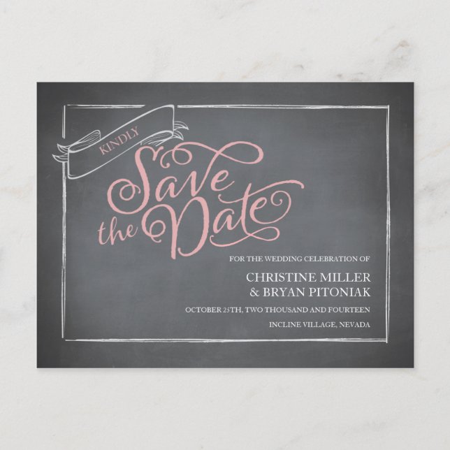 Chalkboard Script Pink Save the Date Announcement Postcard (Front)