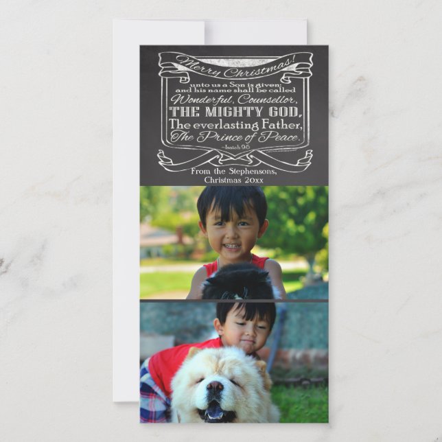 Chalkboard Scripture Christian Christmas 2 Pic Holiday Card (Front)