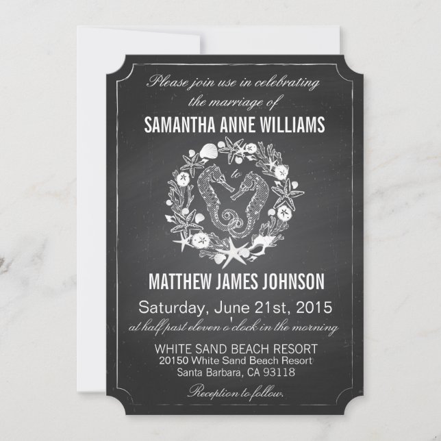 Chalkboard Seahorse Seashells Wedding Invitation (Front)