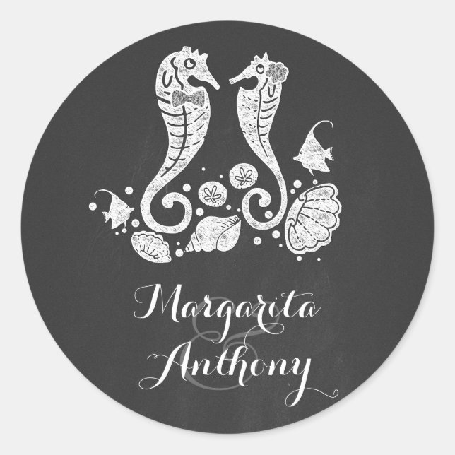 Chalkboard Seahorses Beach Wedding Classic Round Sticker (Front)