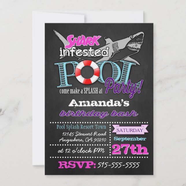 Chalkboard Shark Pool Party Birthday Invitations (Front)