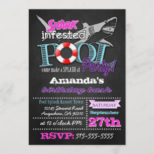 Chalkboard Shark Pool Party Birthday Invitations