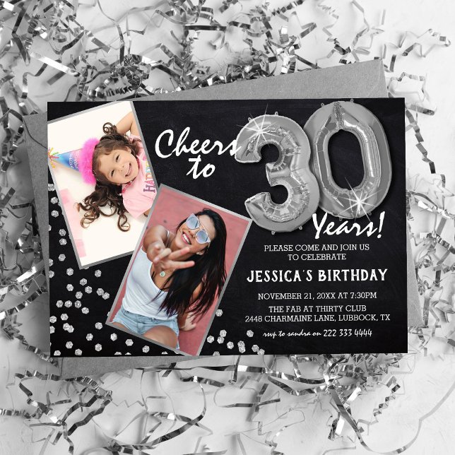 Chalkboard Silver Balloons 2 Photo 30th Birthday Invitation (Creator Uploaded)