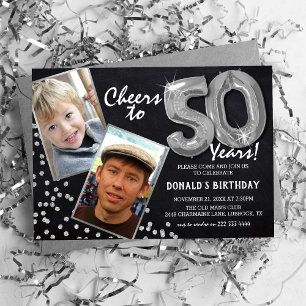 Chalkboard Silver Balloons 2 Photo 50th Birthday Invitation