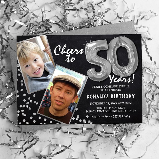 Chalkboard Silver Balloons 2 Photo 50th Birthday Invitation (Creator Uploaded)