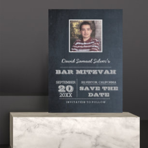 Chalkboard Silver Bar Mitzvah Photo Save the Date Announcement Postcard