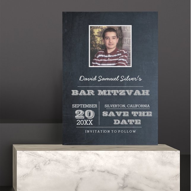 Chalkboard Silver Bar Mitzvah Photo Save the Date Announcement Postcard (Creator Uploaded)