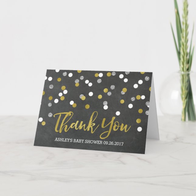 Chalkboard Silver Confetti Baby Shower Thank You Card (Front)