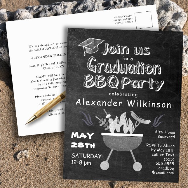 Chalkboard Simple Graduation BBQ Party Invitation Postcard (Creator Uploaded)
