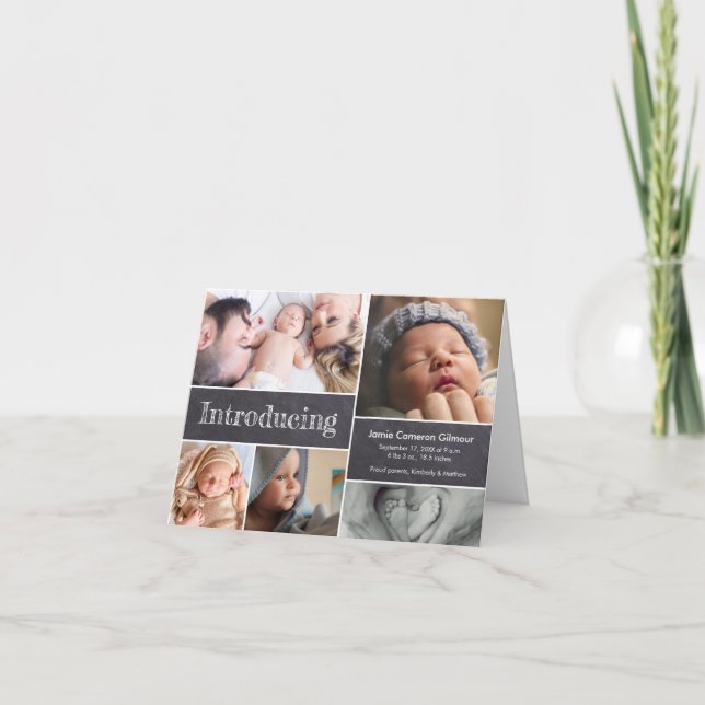 Chalkboard Simple Introducing Baby Multiple Photos Announcement (Front)