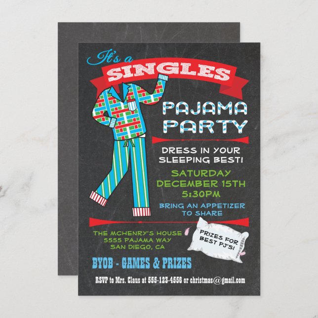 Chalkboard Singles Pajama Party Invitations (Front/Back)