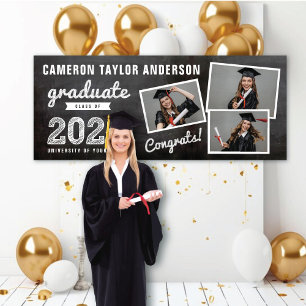 Chalkboard Sketch 2021 3 Photo Collage Grad Party Banner