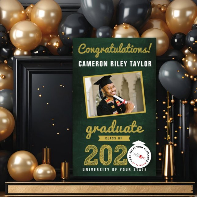 Chalkboard Sketch 2024 Photo Graduation Party Banner (20YY Gold Sketch Chalkboard One Photo Modern Graduation Party Banner @ www.zazzle.com/color_therapy)