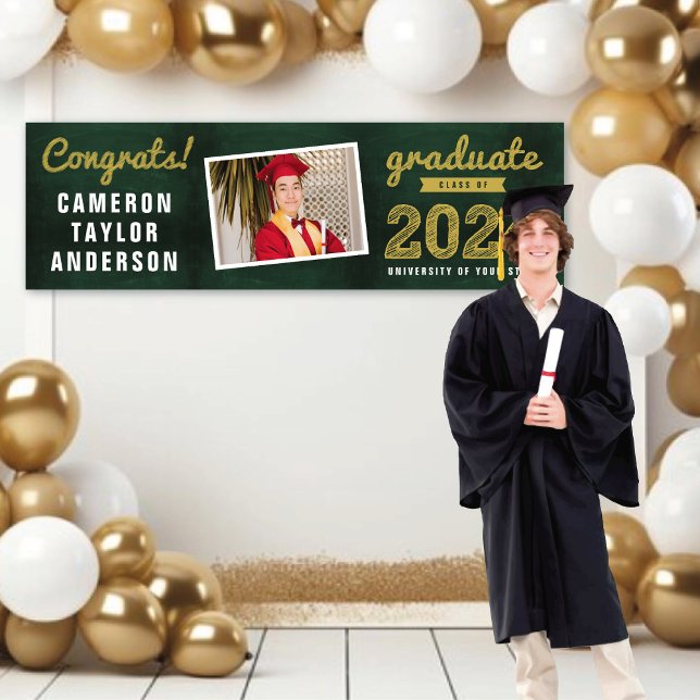 Chalkboard Sketch 2025 Congrats Photo Graduation Banner (2024 Green Chalkboard & Gold Sketch One Photo Graduation Party Banner @ www.zazzle.com/color_therapy)