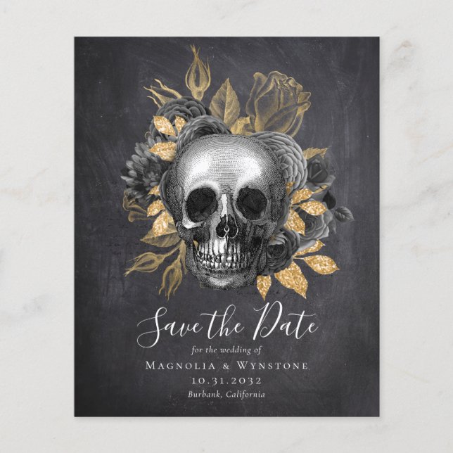 Chalkboard Skull Gold Halloween Save the Date (Front)