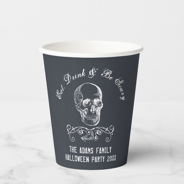 Chalkboard Skull Personalised Halloween Party Paper Cups (Front)