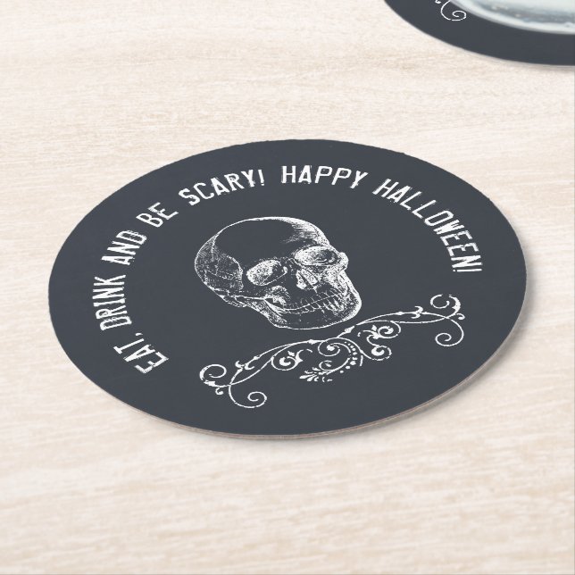 Chalkboard Skull Personalised Halloween Party Round Paper Coaster (Angled)