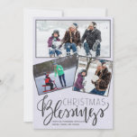 Chalkboard snowing Christmas blessings 3 photos Holiday Card<br><div class="desc">Family seasonal holiday greetings three framed photos card on a dark grey chalkboard like background with falling snow and "Christmas Blessings" typography script.        Easy to personalize with your photos and signature!</div>