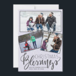 Chalkboard snowing Christmas blessings 3 photos Holiday Card<br><div class="desc">Family seasonal holiday greetings three framed photos card on a dark grey chalkboard like background with falling snow and "Christmas Blessings" typography script.        Easy to personalize with your photos and signature!</div>