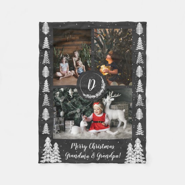Chalkboard Snowy Christmas Trees Holiday Fleece Blanket (Front)
