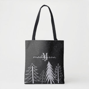 Chalkboard Snowy Trees Monogram Tote Bag