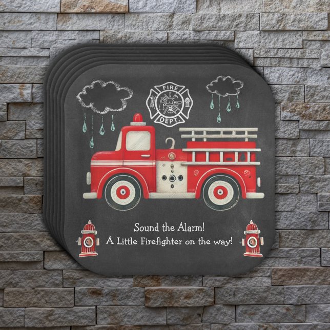 Chalkboard Sound the Alarm! Firetruck Baby Shower Paper Plate (Creator Uploaded)