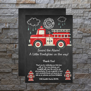 Chalkboard Sound the Alarm! Firetruck Baby Shower Thank You Card