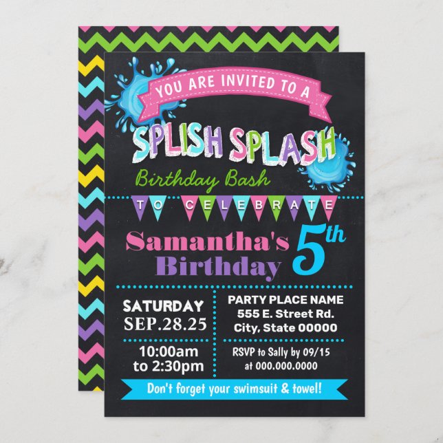 Chalkboard Splish splash birthday bash pink party Invitation (Front/Back)
